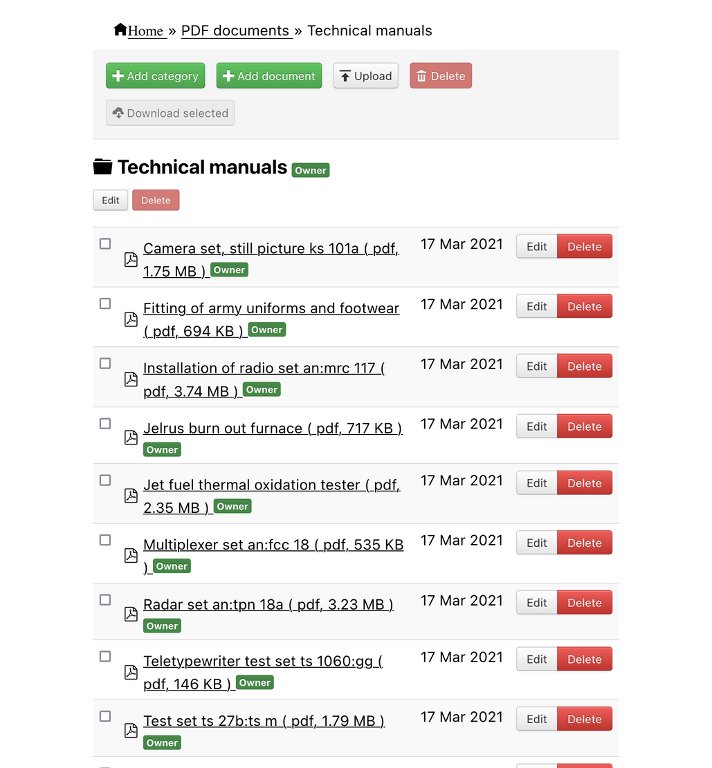 A screenshot of DOCman for WordPress hierarchical list using a table layout on front