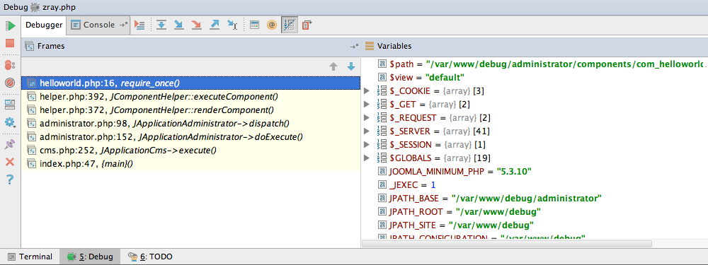 PhpStorm debug panel