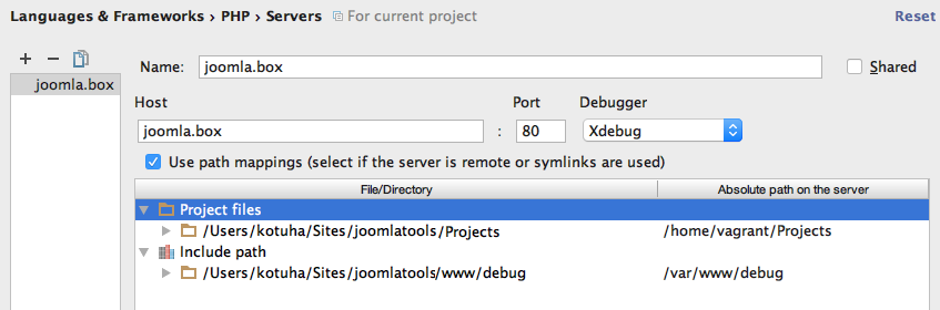 PhpStorm server configuration and mappings