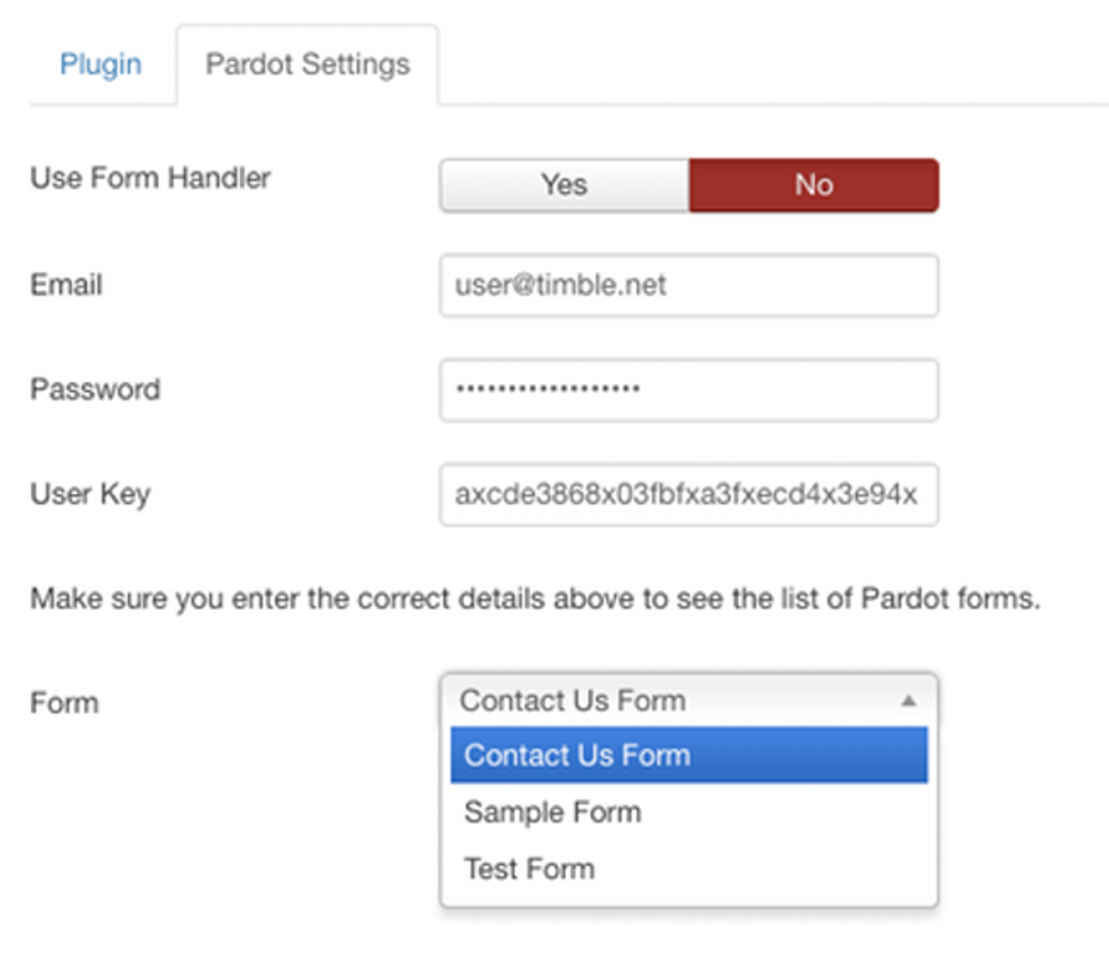 Select a form created in Pardot.