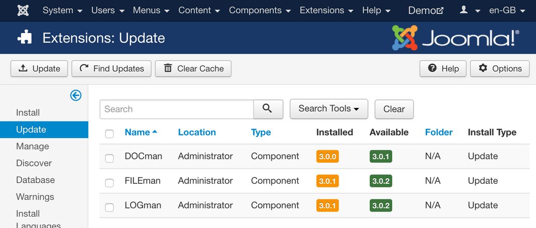 Joomla built-in extension updater.