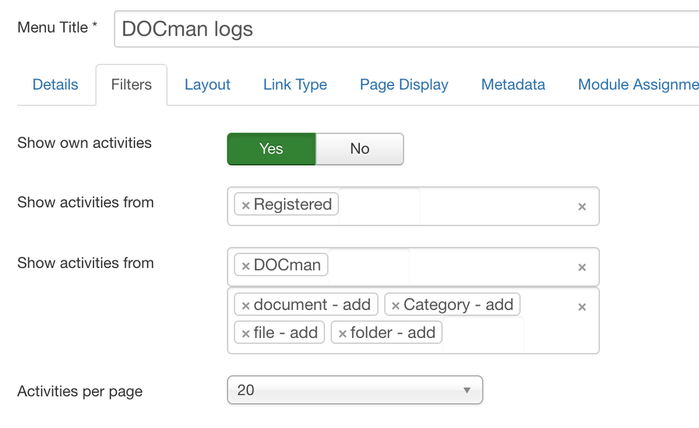 Filter the LOGman logs when creating a Menu Item.