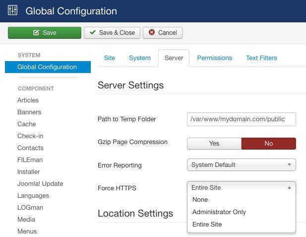 Joomla Global Configuration.