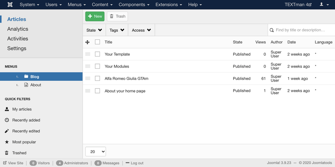 TEXTman's admin dashboard