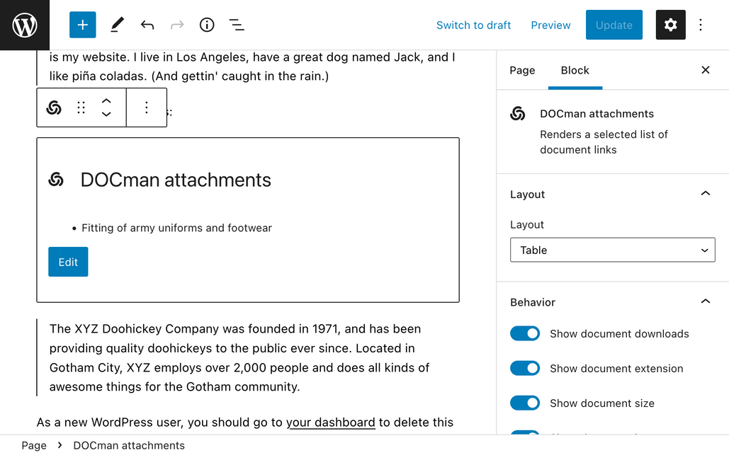 A screenshot of DOCman for WordPress attachment block on Gutenberg editor