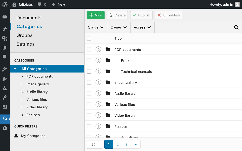 A screenshot of DOCman for WordPress back-end categories view