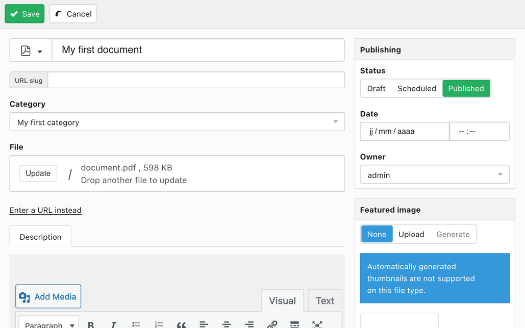 A screenshot of DOCman for WordPress upload view