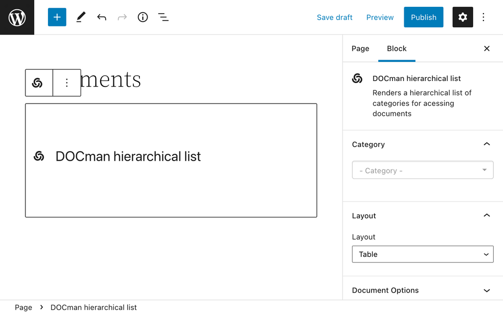 A screenshot of DOCman for WordPress hierarchical block on Gutenberg editor