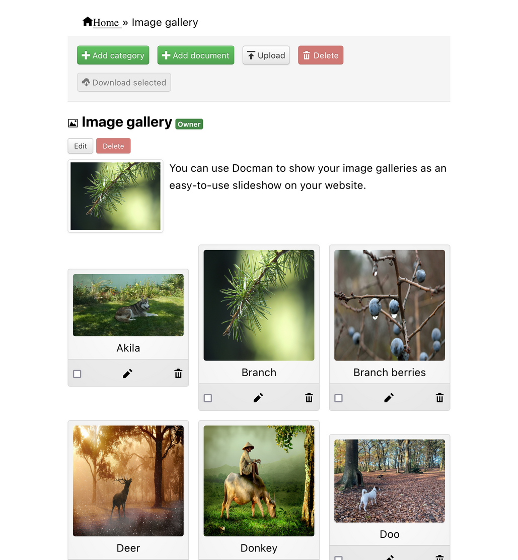 A screenshot of DOCman for WordPress hierarchical list using a gallery layout on front