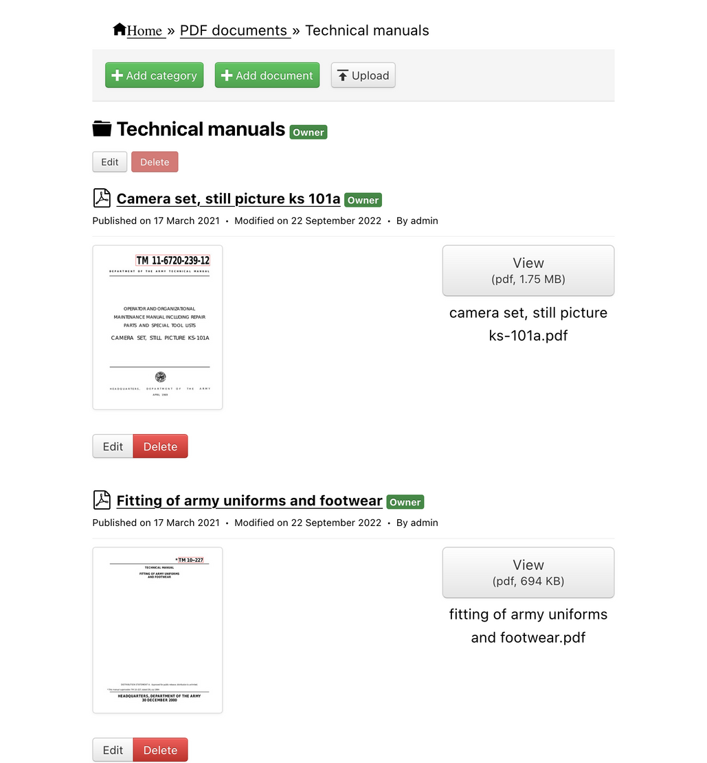 A screenshot of DOCman for WordPress hierarchical list using a list layout on front