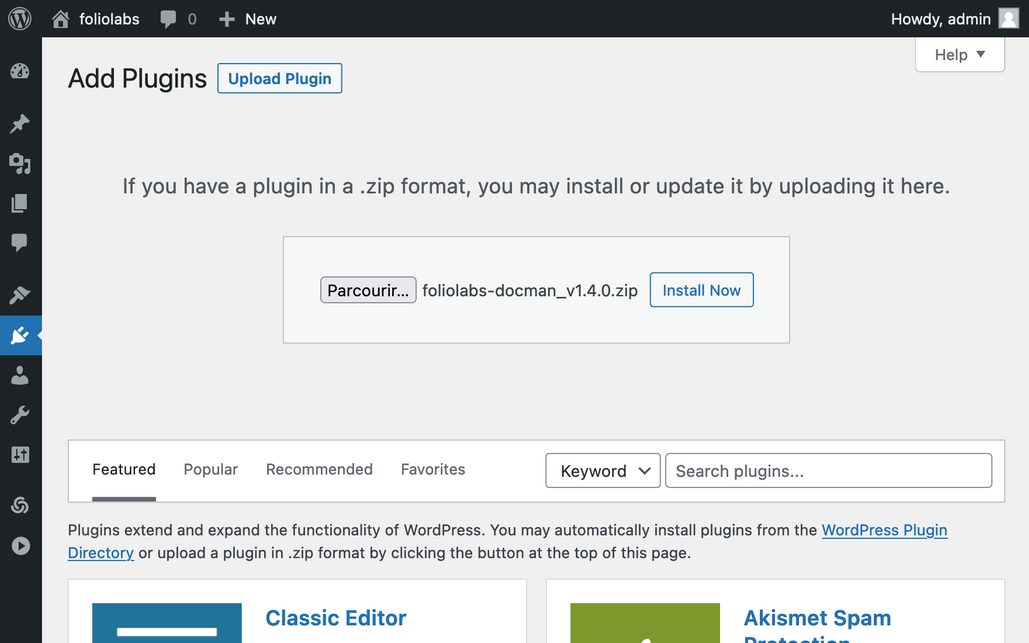 A screenshot of DOCman for WordPress installation process