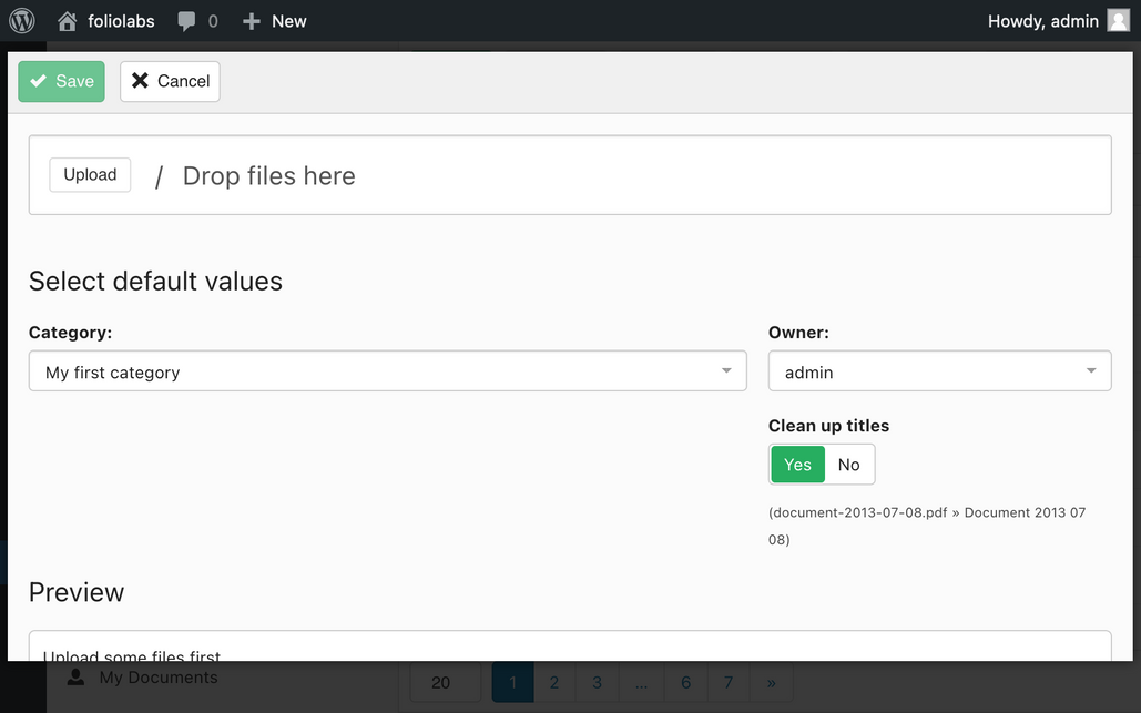 A screenshot of DOCman for WordPress upload view