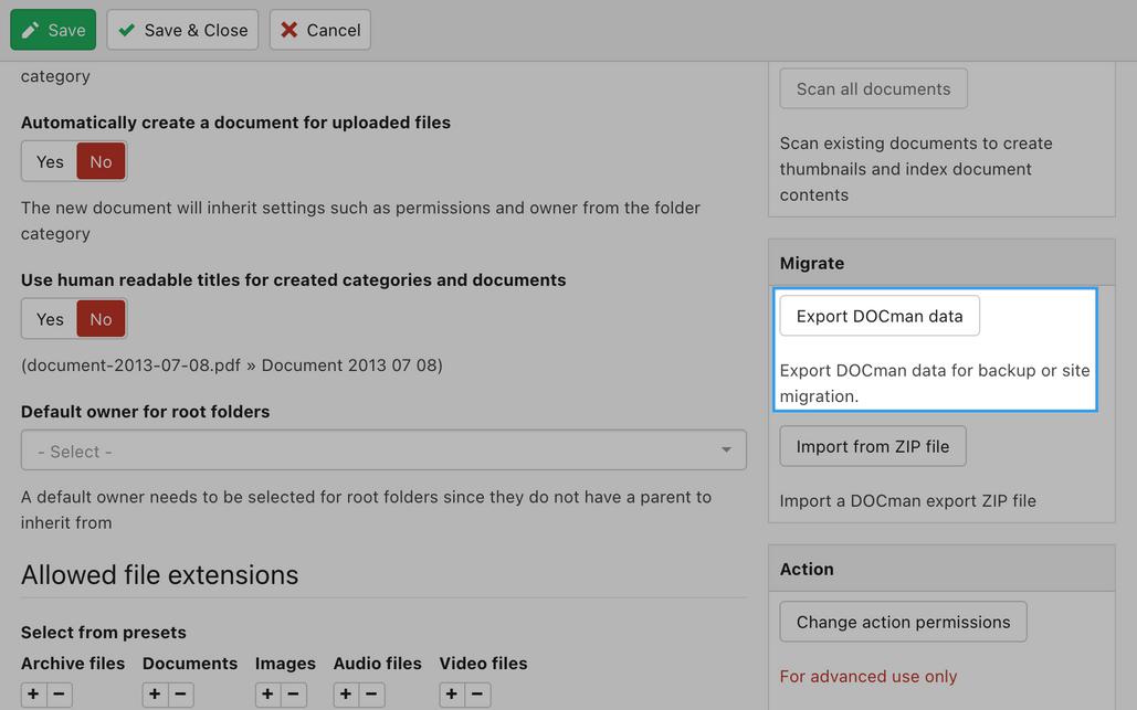 A screenshot of DOCman for Joomla settings view showing the Export DOCman data button