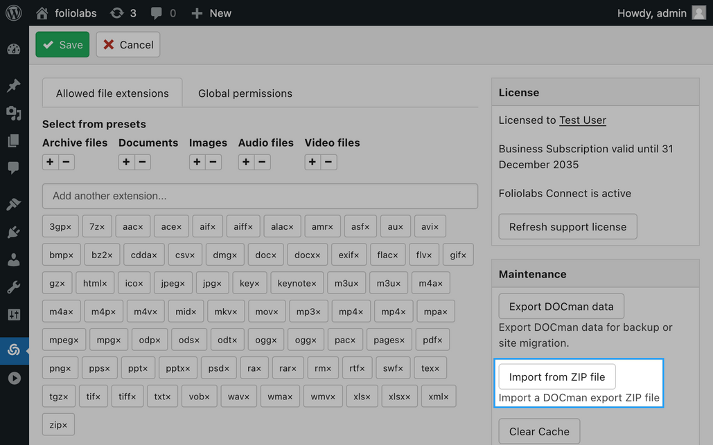 A screenshot of DOCman for WordPress settings view showing the Import from ZIP file button