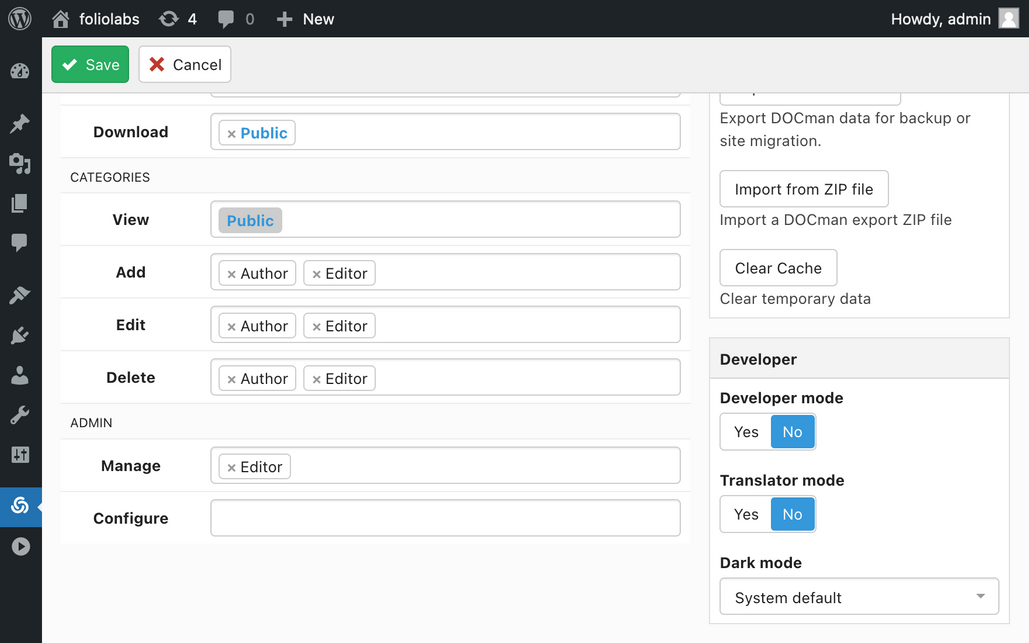 A screenshot of DOCman for WordPress manage action